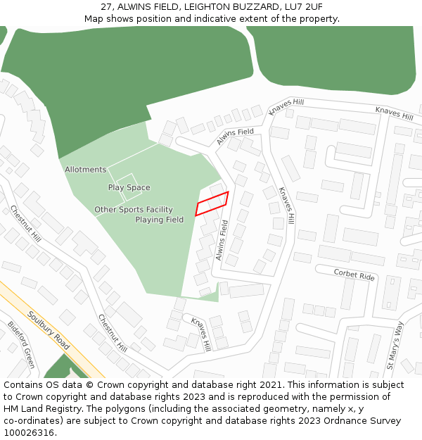 27, ALWINS FIELD, LEIGHTON BUZZARD, LU7 2UF: Location map and indicative extent of plot