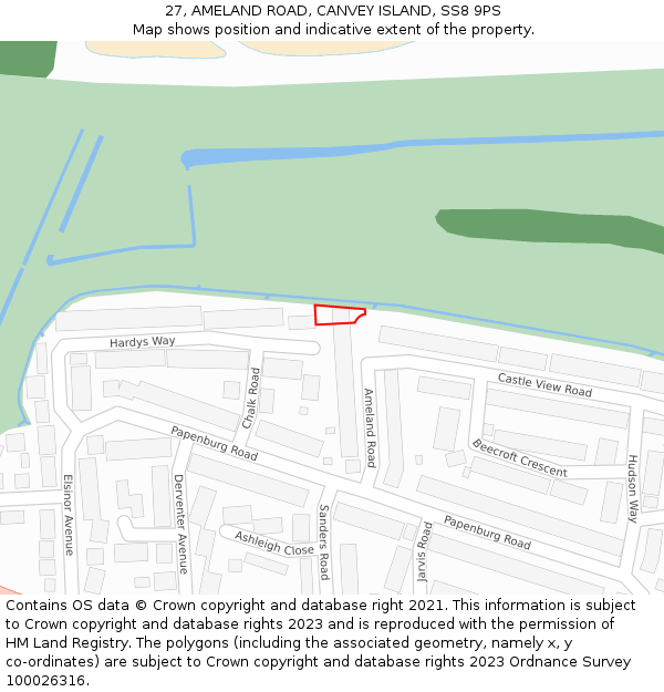 27, AMELAND ROAD, CANVEY ISLAND, SS8 9PS: Location map and indicative extent of plot
