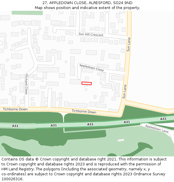 27, APPLEDOWN CLOSE, ALRESFORD, SO24 9ND: Location map and indicative extent of plot