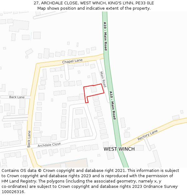 27, ARCHDALE CLOSE, WEST WINCH, KING'S LYNN, PE33 0LE: Location map and indicative extent of plot