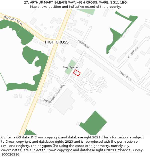 27, ARTHUR MARTIN-LEAKE WAY, HIGH CROSS, WARE, SG11 1BQ: Location map and indicative extent of plot