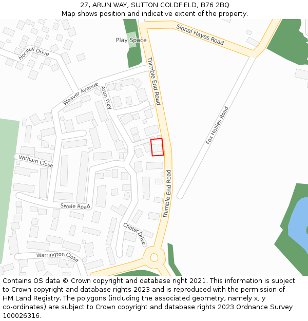 27, ARUN WAY, SUTTON COLDFIELD, B76 2BQ: Location map and indicative extent of plot