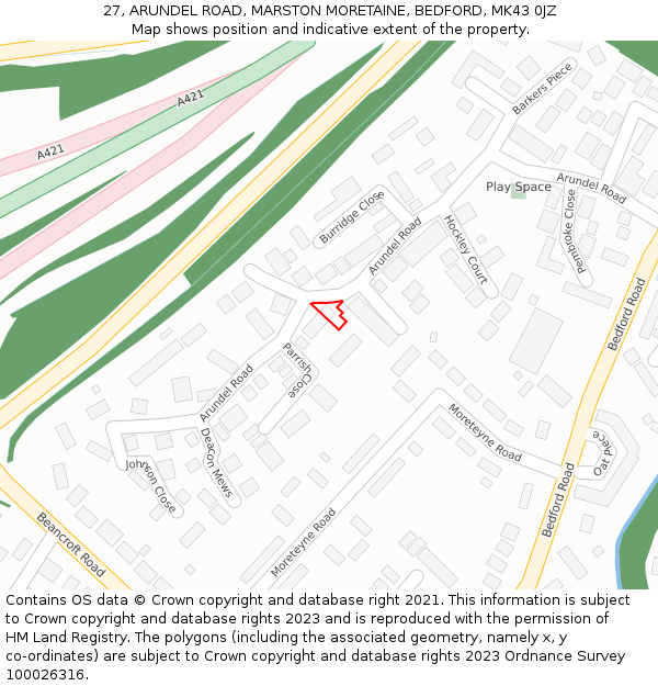 27, ARUNDEL ROAD, MARSTON MORETAINE, BEDFORD, MK43 0JZ: Location map and indicative extent of plot