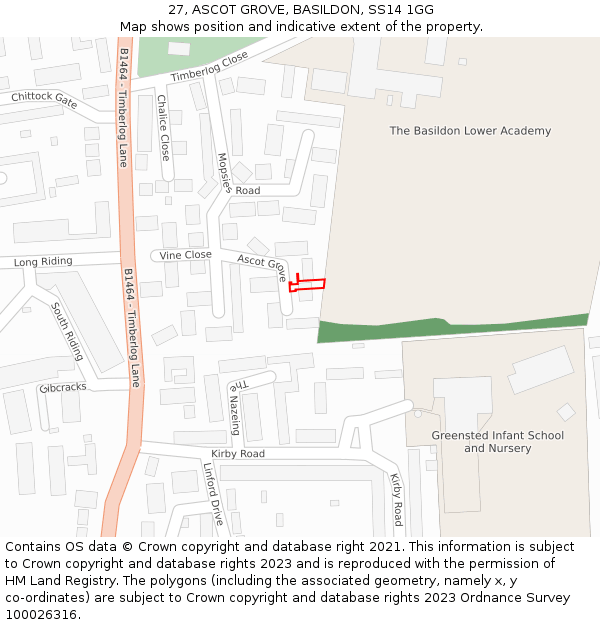 27, ASCOT GROVE, BASILDON, SS14 1GG: Location map and indicative extent of plot