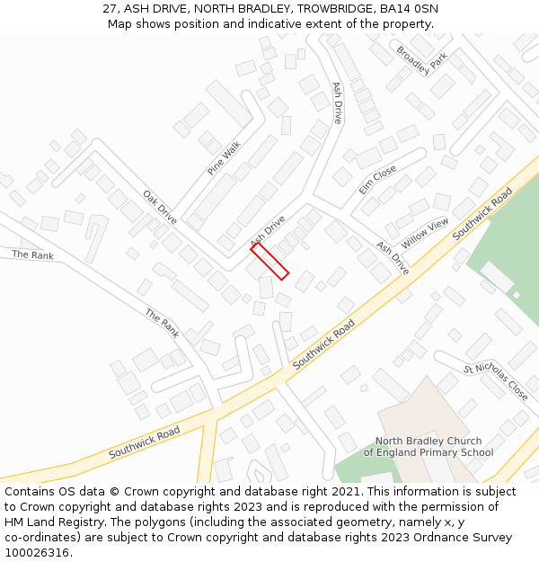 27, ASH DRIVE, NORTH BRADLEY, TROWBRIDGE, BA14 0SN: Location map and indicative extent of plot