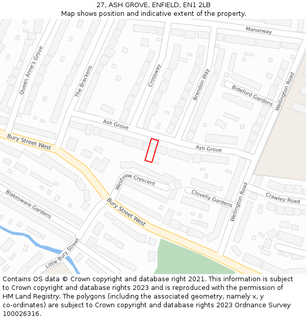 27, ASH GROVE, ENFIELD, EN1 2LB: Location map and indicative extent of plot