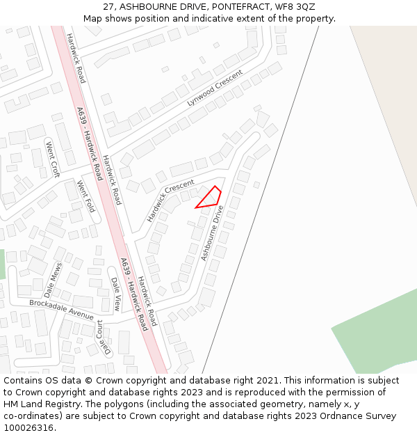 27, ASHBOURNE DRIVE, PONTEFRACT, WF8 3QZ: Location map and indicative extent of plot