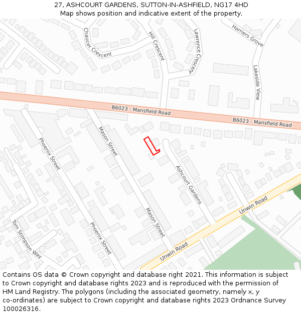 27, ASHCOURT GARDENS, SUTTON-IN-ASHFIELD, NG17 4HD: Location map and indicative extent of plot