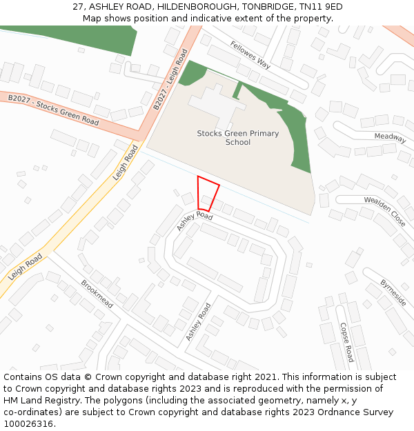27, ASHLEY ROAD, HILDENBOROUGH, TONBRIDGE, TN11 9ED: Location map and indicative extent of plot