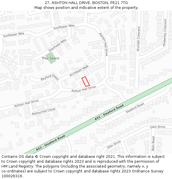 27, ASHTON HALL DRIVE, BOSTON, PE21 7TG: Location map and indicative extent of plot