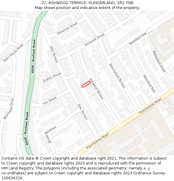 27, ASHWOOD TERRACE, SUNDERLAND, SR2 7NB: Location map and indicative extent of plot