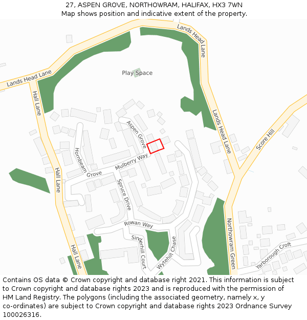 27, ASPEN GROVE, NORTHOWRAM, HALIFAX, HX3 7WN: Location map and indicative extent of plot