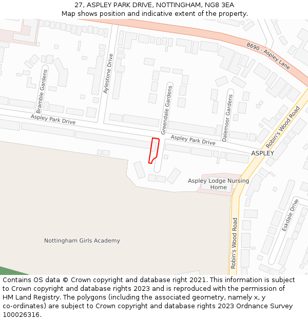 27, ASPLEY PARK DRIVE, NOTTINGHAM, NG8 3EA: Location map and indicative extent of plot