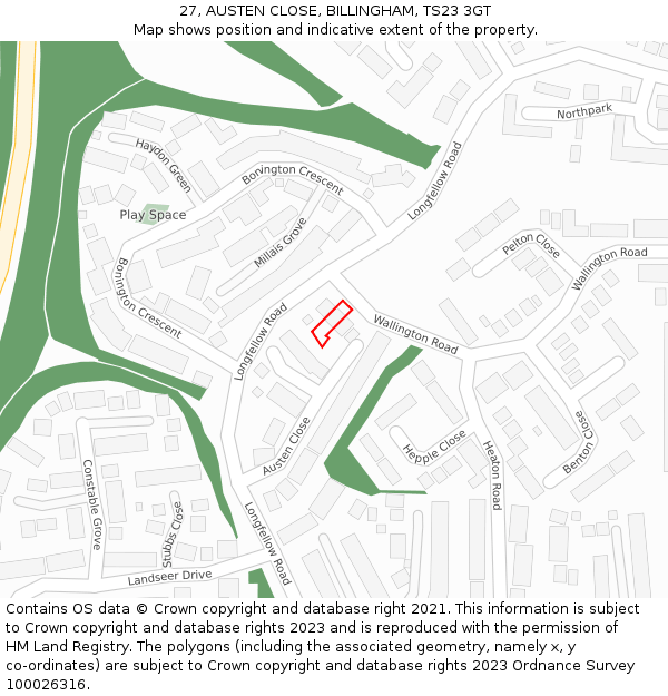 27, AUSTEN CLOSE, BILLINGHAM, TS23 3GT: Location map and indicative extent of plot