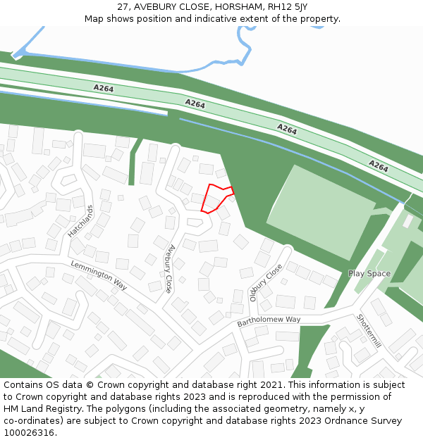 27, AVEBURY CLOSE, HORSHAM, RH12 5JY: Location map and indicative extent of plot