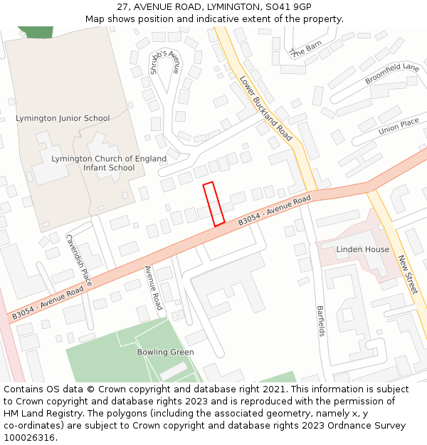 27, AVENUE ROAD, LYMINGTON, SO41 9GP: Location map and indicative extent of plot