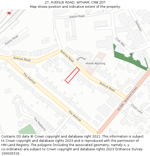 27, AVENUE ROAD, WITHAM, CM8 2DT: Location map and indicative extent of plot