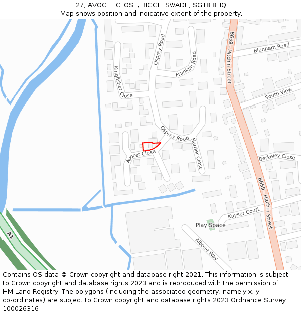 27, AVOCET CLOSE, BIGGLESWADE, SG18 8HQ: Location map and indicative extent of plot