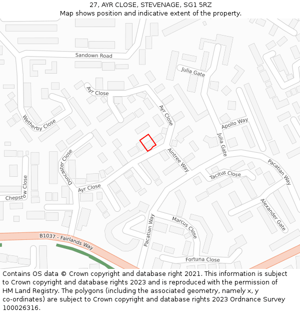 27, AYR CLOSE, STEVENAGE, SG1 5RZ: Location map and indicative extent of plot