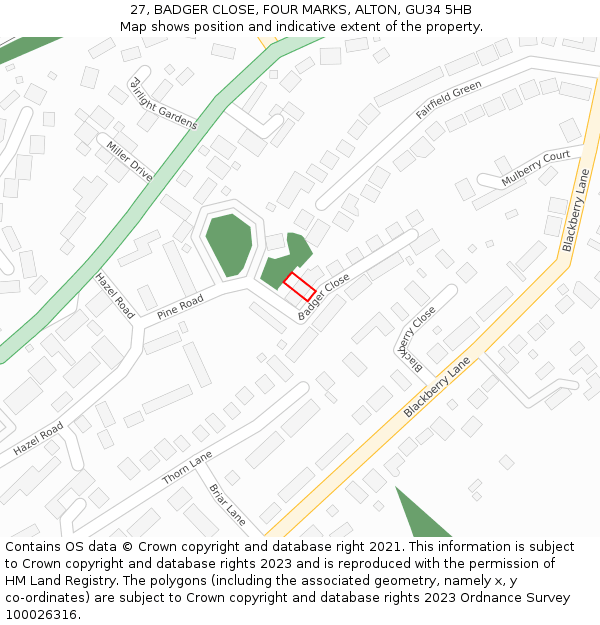 27, BADGER CLOSE, FOUR MARKS, ALTON, GU34 5HB: Location map and indicative extent of plot