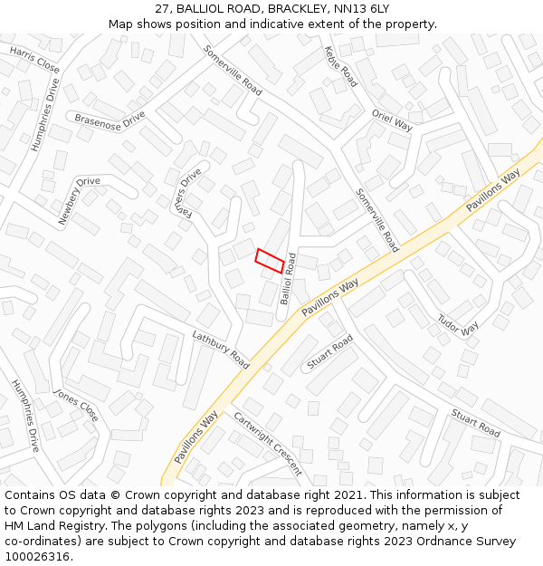 27, BALLIOL ROAD, BRACKLEY, NN13 6LY: Location map and indicative extent of plot