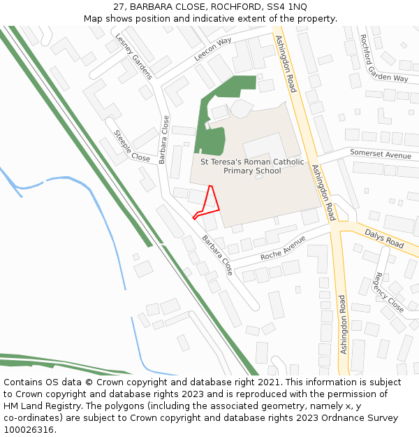 27, BARBARA CLOSE, ROCHFORD, SS4 1NQ: Location map and indicative extent of plot