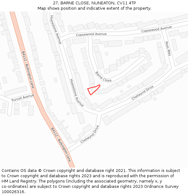 27, BARNE CLOSE, NUNEATON, CV11 4TP: Location map and indicative extent of plot