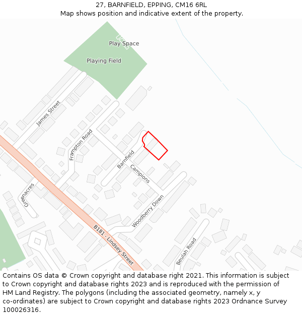 27, BARNFIELD, EPPING, CM16 6RL: Location map and indicative extent of plot