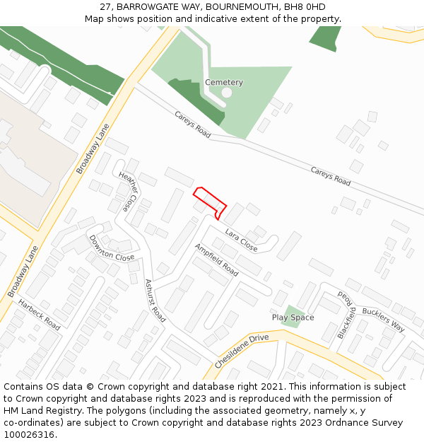 27, BARROWGATE WAY, BOURNEMOUTH, BH8 0HD: Location map and indicative extent of plot