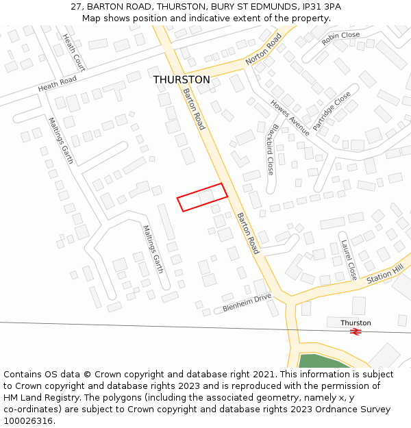 27, BARTON ROAD, THURSTON, BURY ST EDMUNDS, IP31 3PA: Location map and indicative extent of plot