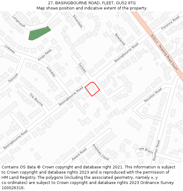 27, BASINGBOURNE ROAD, FLEET, GU52 6TG: Location map and indicative extent of plot