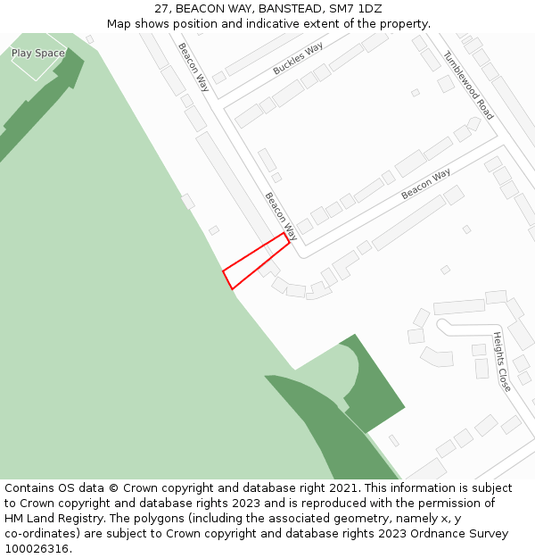 27, BEACON WAY, BANSTEAD, SM7 1DZ: Location map and indicative extent of plot