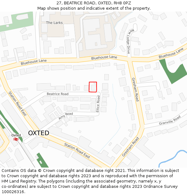27, BEATRICE ROAD, OXTED, RH8 0PZ: Location map and indicative extent of plot