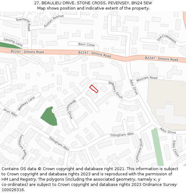 27, BEAULIEU DRIVE, STONE CROSS, PEVENSEY, BN24 5EW: Location map and indicative extent of plot