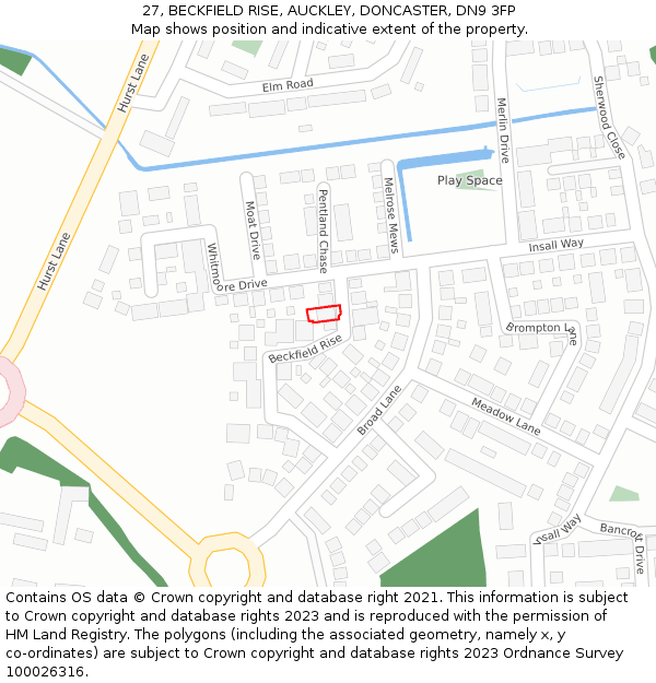 27, BECKFIELD RISE, AUCKLEY, DONCASTER, DN9 3FP: Location map and indicative extent of plot