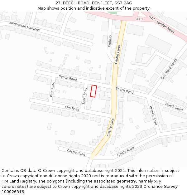 27, BEECH ROAD, BENFLEET, SS7 2AG: Location map and indicative extent of plot