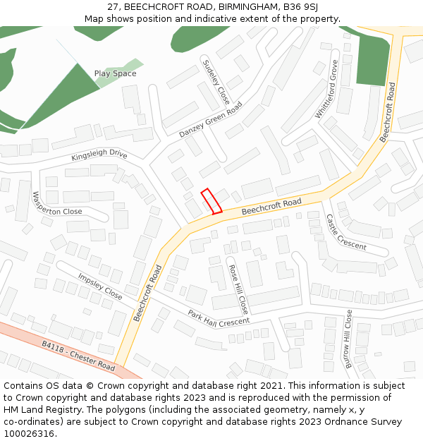 27, BEECHCROFT ROAD, BIRMINGHAM, B36 9SJ: Location map and indicative extent of plot