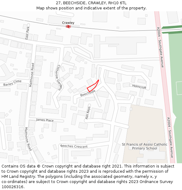 27, BEECHSIDE, CRAWLEY, RH10 6TL: Location map and indicative extent of plot