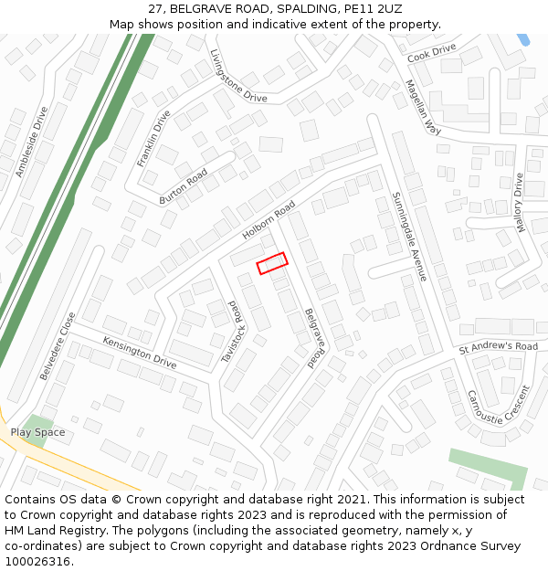 27, BELGRAVE ROAD, SPALDING, PE11 2UZ: Location map and indicative extent of plot