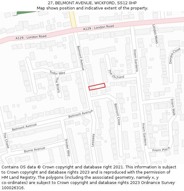 27, BELMONT AVENUE, WICKFORD, SS12 0HP: Location map and indicative extent of plot