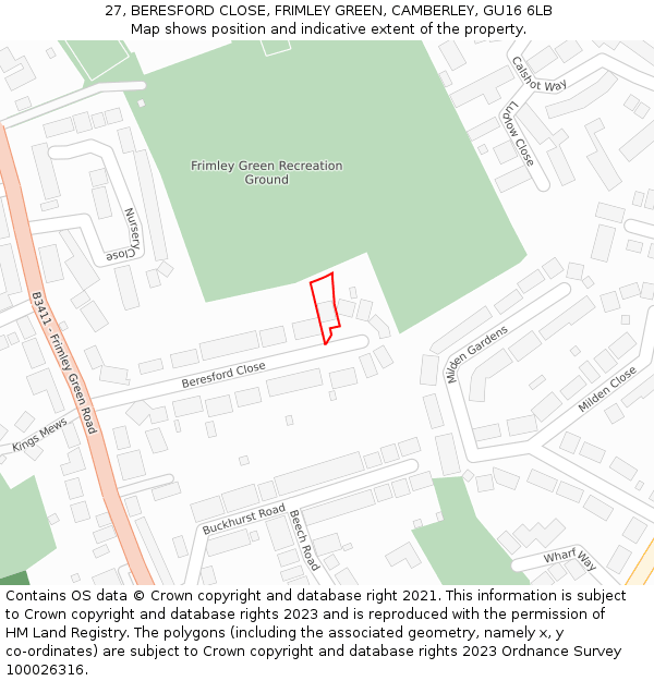 27, BERESFORD CLOSE, FRIMLEY GREEN, CAMBERLEY, GU16 6LB: Location map and indicative extent of plot