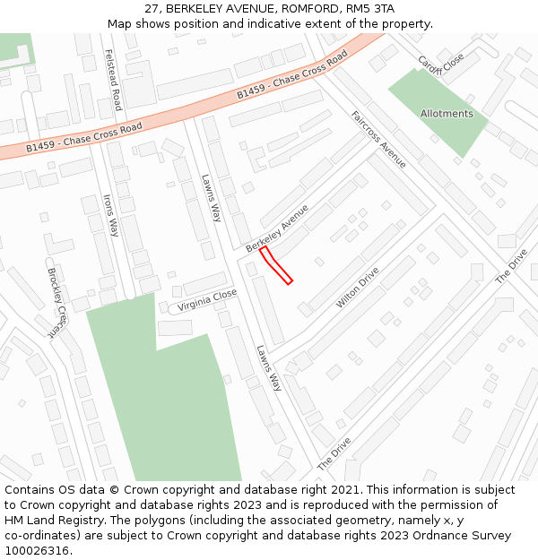 27, BERKELEY AVENUE, ROMFORD, RM5 3TA: Location map and indicative extent of plot