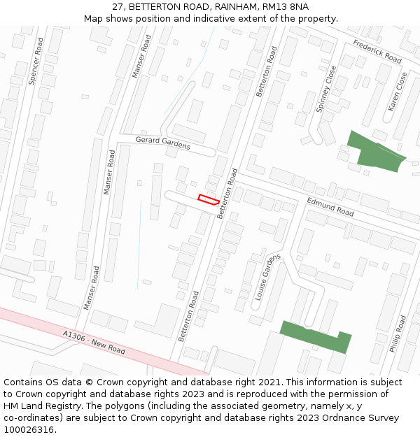 27, BETTERTON ROAD, RAINHAM, RM13 8NA: Location map and indicative extent of plot