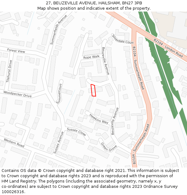 27, BEUZEVILLE AVENUE, HAILSHAM, BN27 3PB: Location map and indicative extent of plot