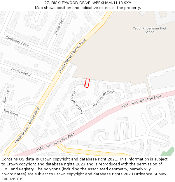 27, BICKLEYWOOD DRIVE, WREXHAM, LL13 9XA: Location map and indicative extent of plot