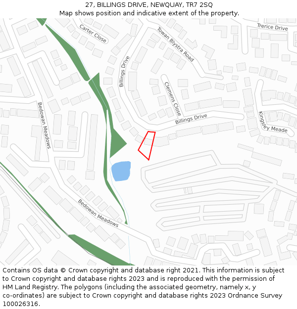 27, BILLINGS DRIVE, NEWQUAY, TR7 2SQ: Location map and indicative extent of plot