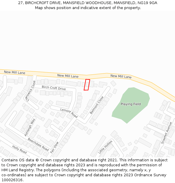 27, BIRCHCROFT DRIVE, MANSFIELD WOODHOUSE, MANSFIELD, NG19 9GA: Location map and indicative extent of plot