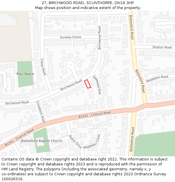 27, BIRCHWOOD ROAD, SCUNTHORPE, DN16 3HP: Location map and indicative extent of plot