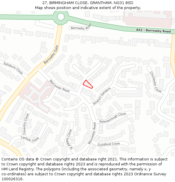 27, BIRMINGHAM CLOSE, GRANTHAM, NG31 8SD: Location map and indicative extent of plot