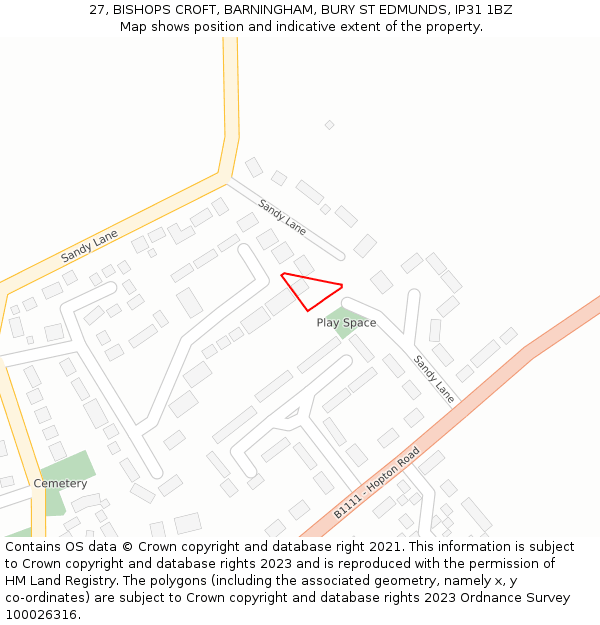 27, BISHOPS CROFT, BARNINGHAM, BURY ST EDMUNDS, IP31 1BZ: Location map and indicative extent of plot